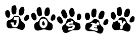 The image shows a series of animal paw prints arranged horizontally. Within each paw print, there's a letter; together they spell Josey