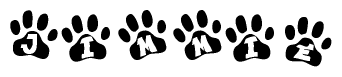 The image shows a series of animal paw prints arranged horizontally. Within each paw print, there's a letter; together they spell Jimmie