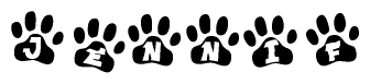 The image shows a row of animal paw prints, each containing a letter. The letters spell out the word Jennif within the paw prints.