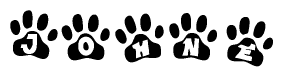 The image shows a series of animal paw prints arranged horizontally. Within each paw print, there's a letter; together they spell Johne