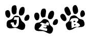 The image shows a series of animal paw prints arranged in a horizontal line. Each paw print contains a letter, and together they spell out the word Jeb.