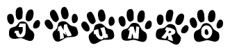 The image shows a series of animal paw prints arranged in a horizontal line. Each paw print contains a letter, and together they spell out the word Jmunro.