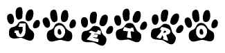 The image shows a series of animal paw prints arranged in a horizontal line. Each paw print contains a letter, and together they spell out the word Joetro.