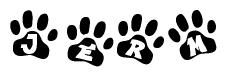 The image shows a row of animal paw prints, each containing a letter. The letters spell out the word Jerm within the paw prints.