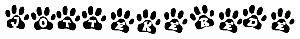 The image shows a series of animal paw prints arranged in a horizontal line. Each paw print contains a letter, and together they spell out the word Jottekebede.