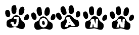 The image shows a row of animal paw prints, each containing a letter. The letters spell out the word Joann within the paw prints.