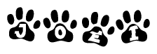 The image shows a row of animal paw prints, each containing a letter. The letters spell out the word Joei within the paw prints.