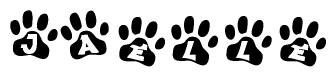 The image shows a series of animal paw prints arranged horizontally. Within each paw print, there's a letter; together they spell Jaelle