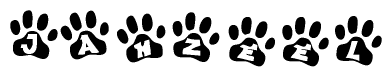 The image shows a series of animal paw prints arranged horizontally. Within each paw print, there's a letter; together they spell Jahzeel