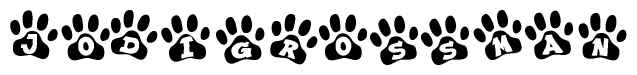 The image shows a series of animal paw prints arranged in a horizontal line. Each paw print contains a letter, and together they spell out the word Jodigrossman.
