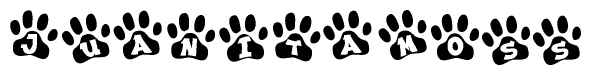 The image shows a series of animal paw prints arranged in a horizontal line. Each paw print contains a letter, and together they spell out the word Juanitamoss.