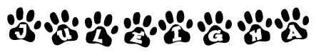 The image shows a row of animal paw prints, each containing a letter. The letters spell out the word Juleigha within the paw prints.