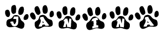The image shows a series of animal paw prints arranged in a horizontal line. Each paw print contains a letter, and together they spell out the word Janina.