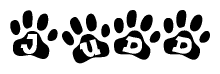 The image shows a row of animal paw prints, each containing a letter. The letters spell out the word Judd within the paw prints.
