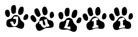 The image shows a series of animal paw prints arranged in a horizontal line. Each paw print contains a letter, and together they spell out the word Julii.