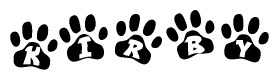 The image shows a series of animal paw prints arranged horizontally. Within each paw print, there's a letter; together they spell Kirby