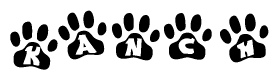 The image shows a series of animal paw prints arranged in a horizontal line. Each paw print contains a letter, and together they spell out the word Kanch.