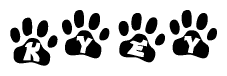The image shows a series of animal paw prints arranged in a horizontal line. Each paw print contains a letter, and together they spell out the word Kyey.