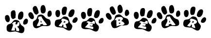 The image shows a row of animal paw prints, each containing a letter. The letters spell out the word Karebear within the paw prints.