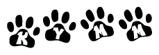 The image shows a series of animal paw prints arranged in a horizontal line. Each paw print contains a letter, and together they spell out the word Kymm.