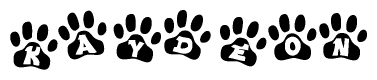 The image shows a series of animal paw prints arranged in a horizontal line. Each paw print contains a letter, and together they spell out the word Kaydeon.
