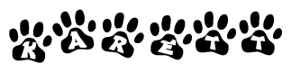 The image shows a series of animal paw prints arranged horizontally. Within each paw print, there's a letter; together they spell Karett