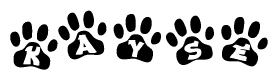 The image shows a series of animal paw prints arranged in a horizontal line. Each paw print contains a letter, and together they spell out the word Kayse.