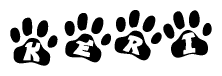 The image shows a row of animal paw prints, each containing a letter. The letters spell out the word Keri within the paw prints.