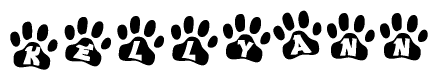 The image shows a series of animal paw prints arranged in a horizontal line. Each paw print contains a letter, and together they spell out the word Kellyann.