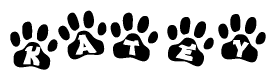 The image shows a series of animal paw prints arranged horizontally. Within each paw print, there's a letter; together they spell Katey
