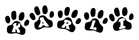 The image shows a series of animal paw prints arranged horizontally. Within each paw print, there's a letter; together they spell Karli