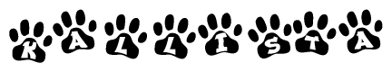 The image shows a series of animal paw prints arranged in a horizontal line. Each paw print contains a letter, and together they spell out the word Kallista.
