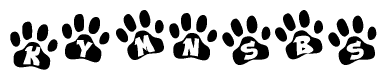 The image shows a series of animal paw prints arranged in a horizontal line. Each paw print contains a letter, and together they spell out the word Kymnsbs.