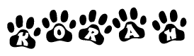 The image shows a series of animal paw prints arranged in a horizontal line. Each paw print contains a letter, and together they spell out the word Korah.