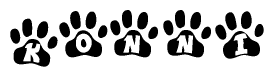 The image shows a row of animal paw prints, each containing a letter. The letters spell out the word Konni within the paw prints.