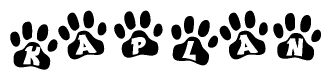The image shows a series of animal paw prints arranged horizontally. Within each paw print, there's a letter; together they spell Kaplan