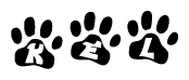 The image shows a series of animal paw prints arranged horizontally. Within each paw print, there's a letter; together they spell Kel