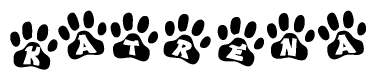 The image shows a row of animal paw prints, each containing a letter. The letters spell out the word Katrena within the paw prints.