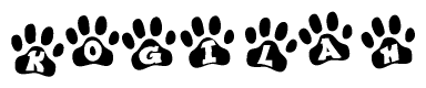 The image shows a series of animal paw prints arranged in a horizontal line. Each paw print contains a letter, and together they spell out the word Kogilah.