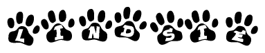 The image shows a series of animal paw prints arranged horizontally. Within each paw print, there's a letter; together they spell Lindsie