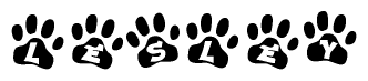 The image shows a series of animal paw prints arranged horizontally. Within each paw print, there's a letter; together they spell Lesley