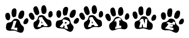 The image shows a row of animal paw prints, each containing a letter. The letters spell out the word Laraine within the paw prints.