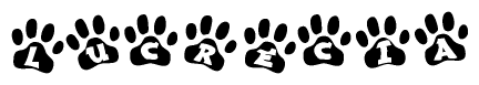 The image shows a series of animal paw prints arranged horizontally. Within each paw print, there's a letter; together they spell Lucrecia