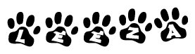 The image shows a series of animal paw prints arranged horizontally. Within each paw print, there's a letter; together they spell Leeza