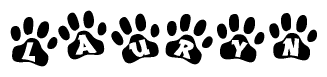 The image shows a row of animal paw prints, each containing a letter. The letters spell out the word Lauryn within the paw prints.