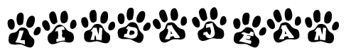 The image shows a series of animal paw prints arranged horizontally. Within each paw print, there's a letter; together they spell Lindajean