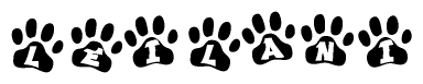 The image shows a series of animal paw prints arranged in a horizontal line. Each paw print contains a letter, and together they spell out the word Leilani.