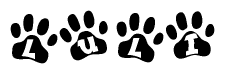 The image shows a series of animal paw prints arranged in a horizontal line. Each paw print contains a letter, and together they spell out the word Luli.