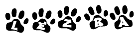 The image shows a series of animal paw prints arranged horizontally. Within each paw print, there's a letter; together they spell Lezba