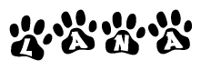 The image shows a row of animal paw prints, each containing a letter. The letters spell out the word Lana within the paw prints.